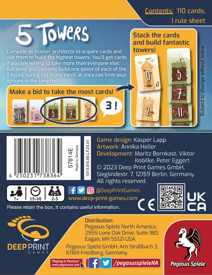 Pegasus Spiele – 5 Towers (Deep Print Games) Gioco Da Tavolo Per Famiglie E Appassionati