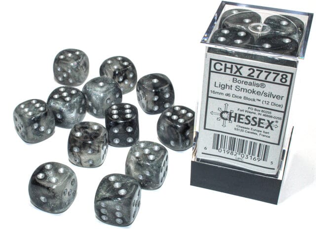 Borealis Light Smoke/silver Luminary 16mm d6 Dice Block (12 dice) Dice CHESSEX