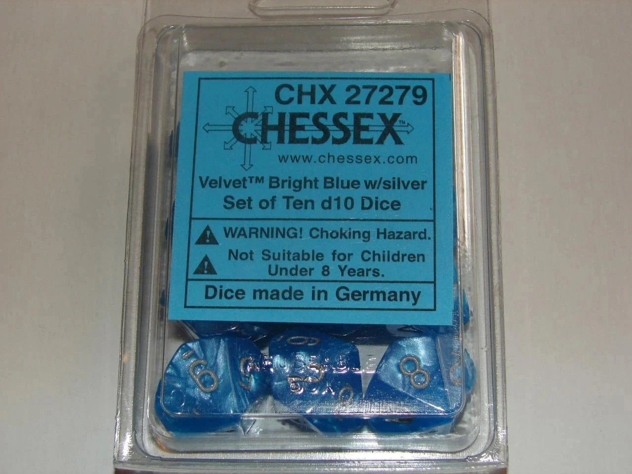 Chessex Velvet Bright Blue w/Silver 10d10 Die Set - CHX 27279 Dice Sets & Games CHESSEX 