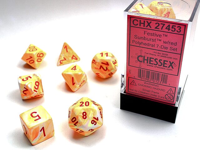 Festive Sunburst/red Polyhedral 7-Dice Set Dice CHESSEX