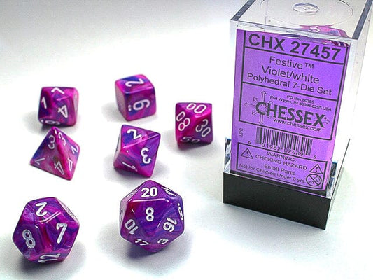 Festive Violet/white Polyhedral 7-Dice Set Dice CHESSEX 