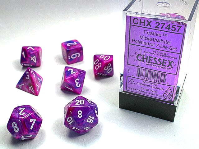 Festive Violet/white Polyhedral 7-Dice Set Dice CHESSEX