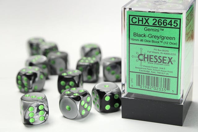 Gemini Black-Grey/green 16mm d6 Dice Block (12 dice) Dice CHESSEX