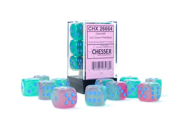 Gemini Gel Green-Pink/blue Luminary 16mm d6 Dice Block (12 dice) Dice CHESSEX