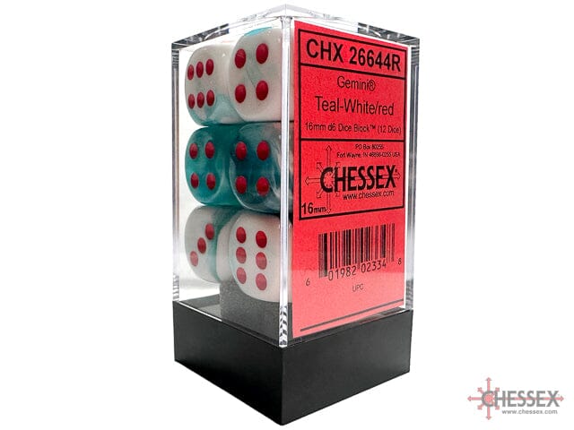 Limited Edition Gemini Teal-White/red 16mm d6 Dice Block (12 dice) Dice CHESSEX