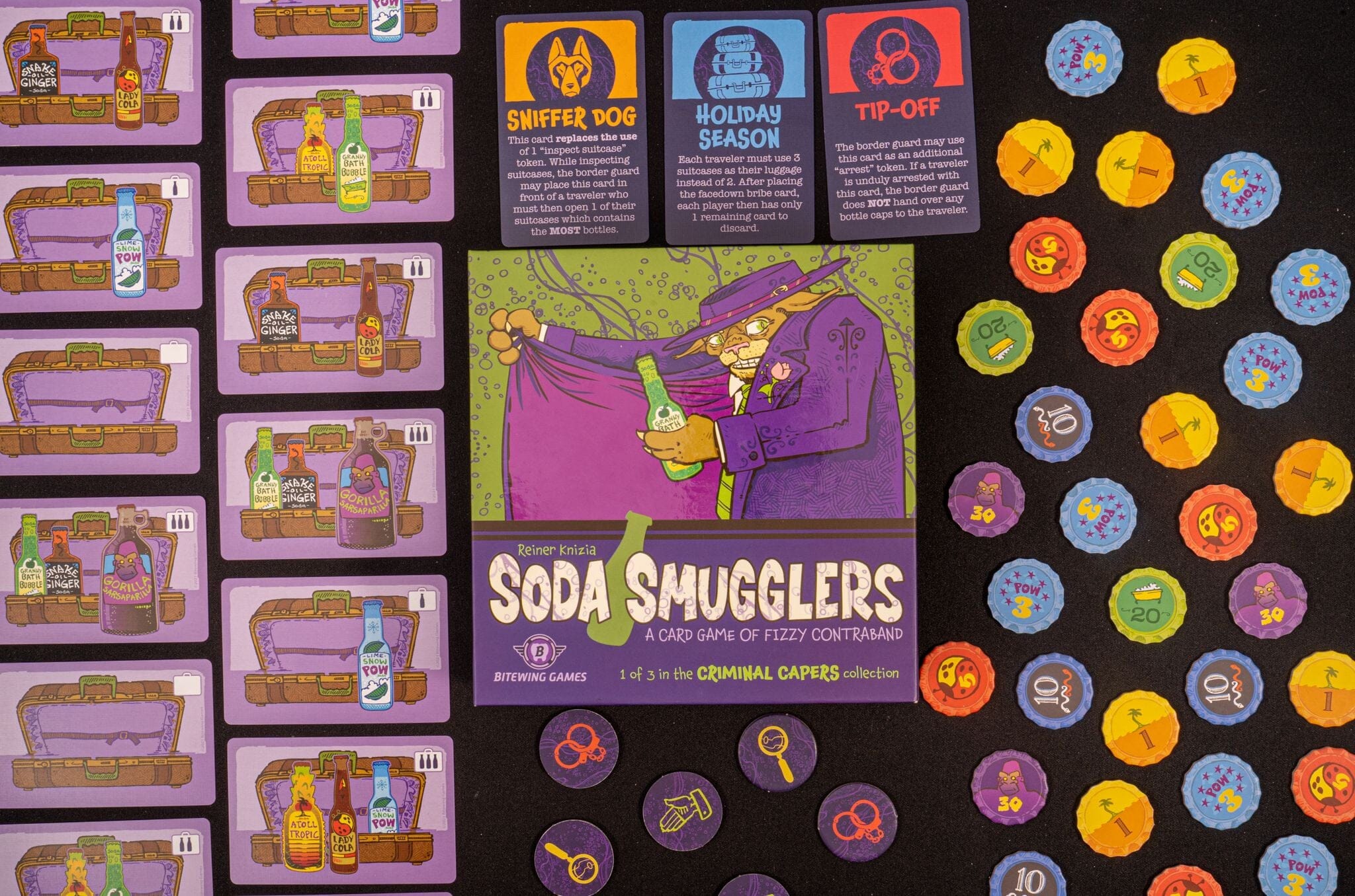 Soda Smugglers with Deluxe Bottle Cap Tokens Board Games Bitewing Games