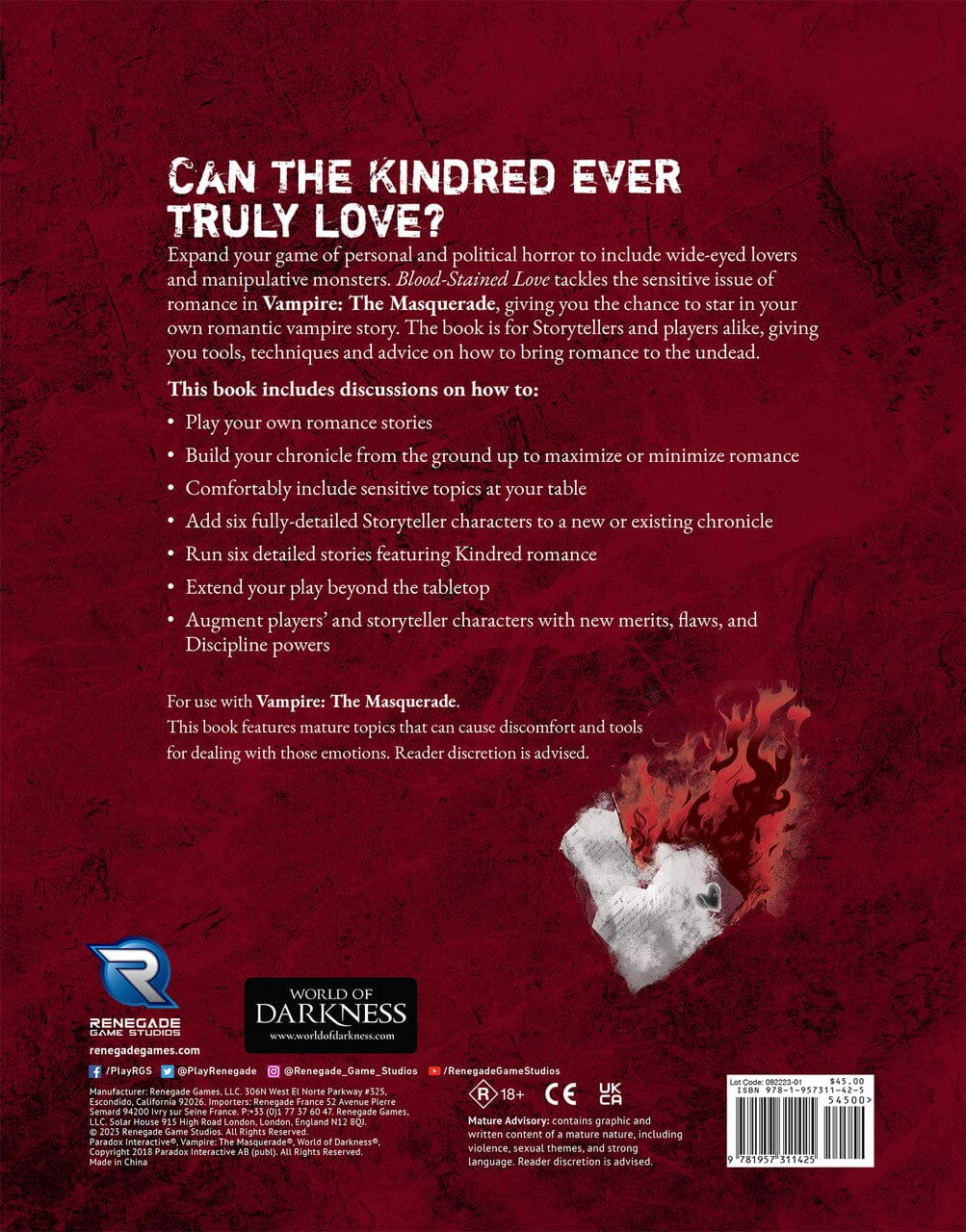 Vampire: The Masquerade 5th Edition - Blood-Stained Love Sourcebook RPG Renegade Games Studios