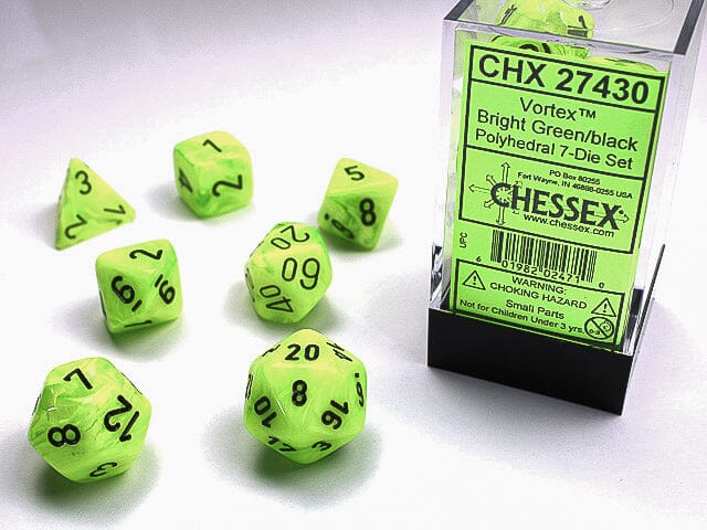 Vortex Bright Green/black Polyhedral 7-Dice Set Dice CHESSEX 