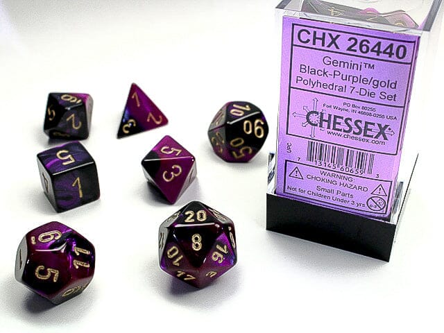 Black-Purple/gold Gemini Polyhedral 7-Die Set Dice CHESSEX