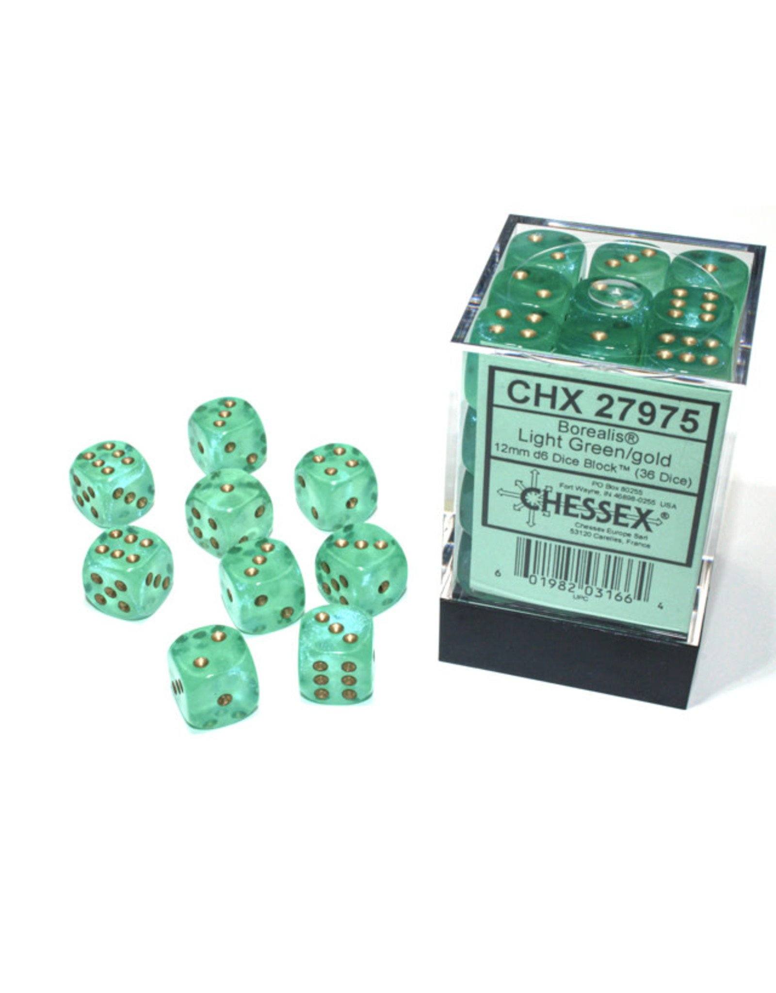 Borealis Light Green/Gold: 12mm Dice Block (36 Dice) General CHESSEX