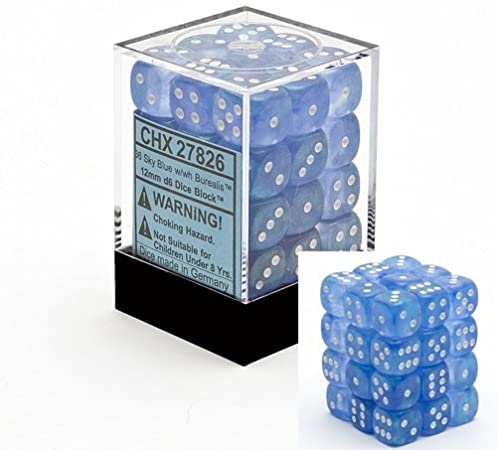 Borealis Sky Blue/White: 12mm Dice Block (36 Dice) General CHESSEX