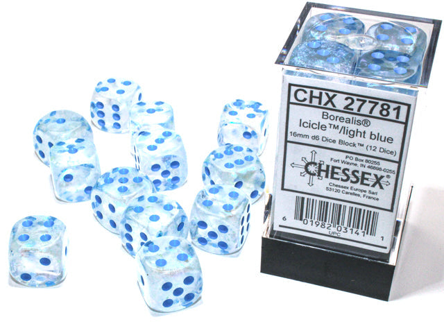 Borealis® 16mm d6 Icicle™/light blue Luminary™ Dice Block™ (12 dice) Dice Sets & Games CHESSEX