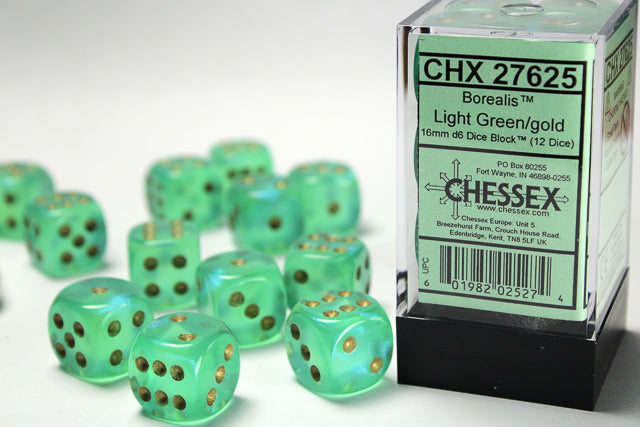 Borealis® 16mm d6 Light Green/gold Dice Block™ (12 dice) Dice CHESSEX