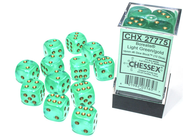 Borealis® 16mm d6 Light Green/gold Luminary™ Dice Block™ (12 dice) Dice Sets & Games CHESSEX