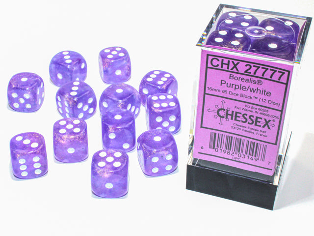 Borealis® 16mm d6 Purple/white Luminary™ Dice Block™ (12 dice) Dice Sets & Games CHESSEX