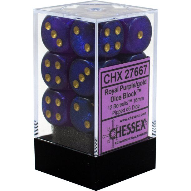 Borealis® 16mm d6 Royal Purple/gold Dice Block™ (12 dice) Dice CHESSEX