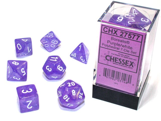 Borealis® Polyhedral Purple/white Luminary™ 7-Die Set Dice CHESSEX 