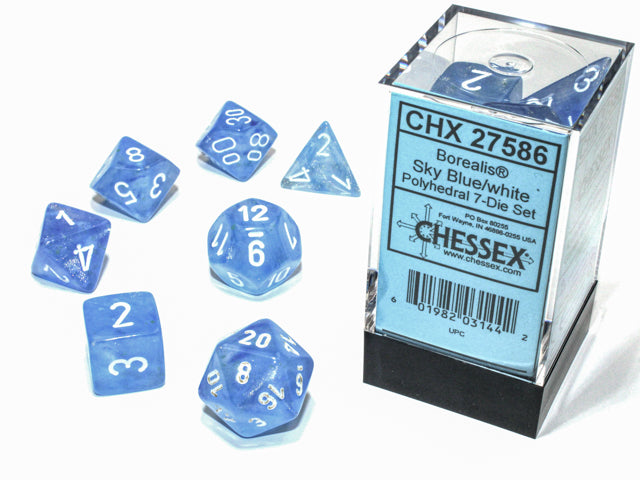 Borealis® Polyhedral Sky Blue/white Luminary™ 7-Die Set Dice CHESSEX