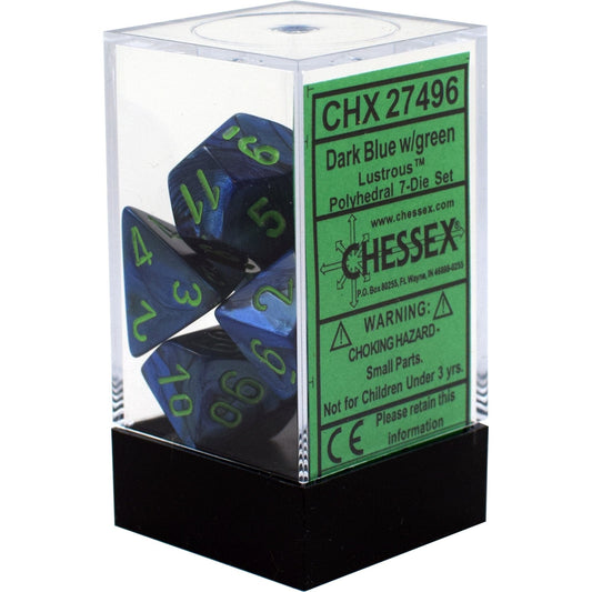 Dark Blue w/green Lustrous Polyhedral 7-Dice Set Dice CHESSEX 