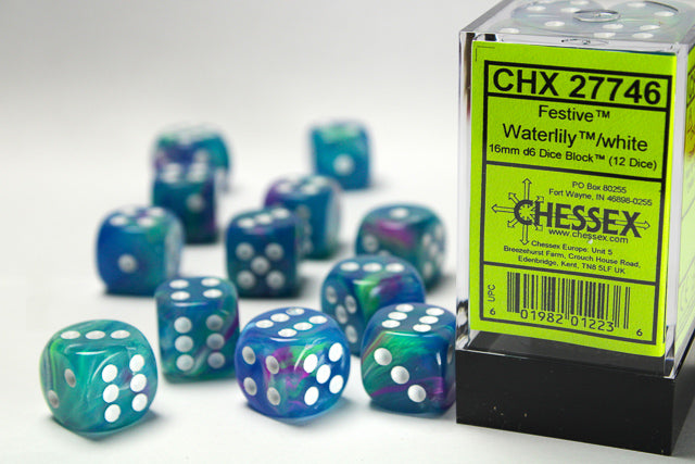 Festive® 16mm d6 Waterlily™/white Dice Block™ (12 dice) Dice CHESSEX