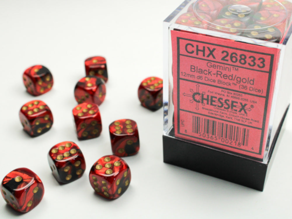 Gemini® 12mm d6 Black-Red/gold Dice Block (36 dice) Dice Sets & Games CHESSEX