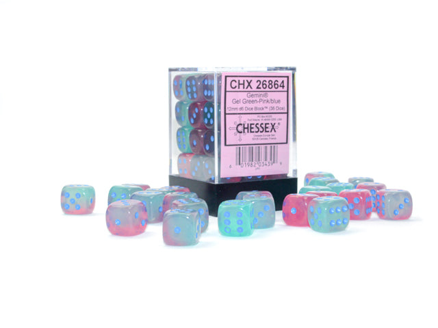 Gemini® 12mm d6 Gel Green-Pink/blue Luminary™ Dice Block™ (36 dice) Dice Sets & Games CHESSEX