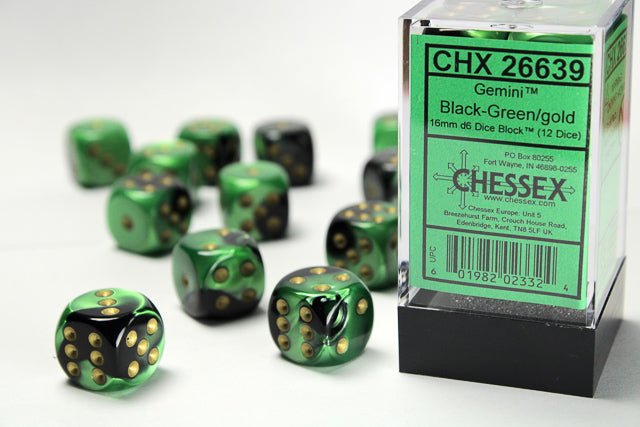 Gemini® 16mm d6 Black-Green/gold Dice Block™ (12 dice) Dice CHESSEX