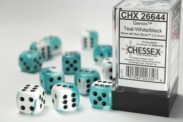 Gemini® 16mm d6 Teal-White/black Dice Block™ (12 dice) Dice CHESSEX