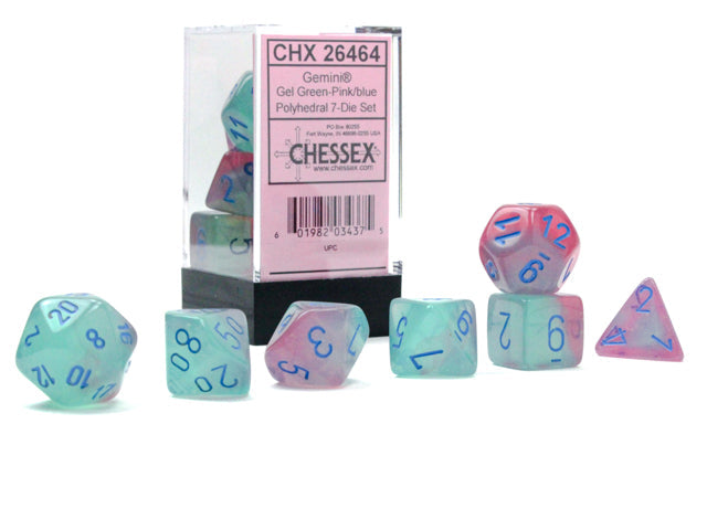 Gemini® Polyhedral Gel Green-Pink/blue Luminary™ 7-Die Set Dice Sets & Games CHESSEX 