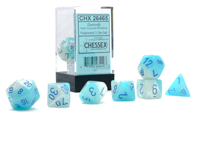 Gemini® Polyhedral Pearl Turquoise-White/blue Luminary™ 7-Die Set Dice Sets & Games CHESSEX