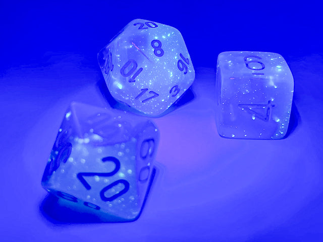 Gemini® Polyhedral Pearl Turquoise-White/blue Luminary™ 7-Die Set Dice Sets & Games CHESSEX