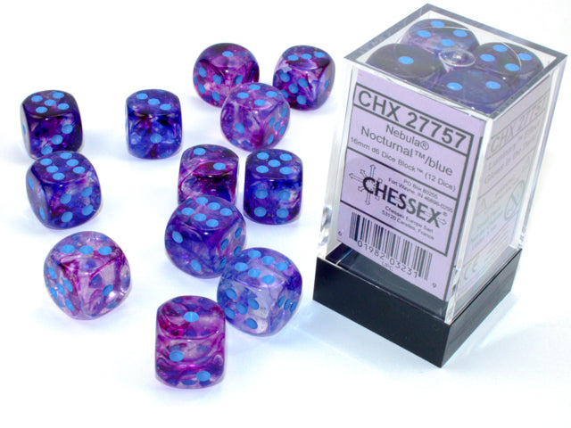 Nebula® 16mm d6 Nocturnal™/blue Luminary™ Dice Block™ (12 dice) Dice Sets & Games CHESSEX