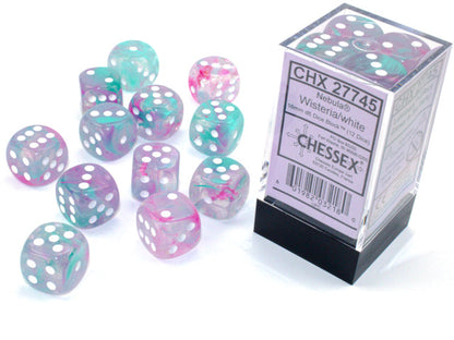 Nebula® 16mm d6 Wisteria/white Luminary™ Dice Block™ (12 dice) Dice Sets & Games CHESSEX 