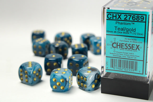 Phantom® 16mm d6 Teal/gold Dice Block™ (12 dice) Dice Sets & Games CHESSEX