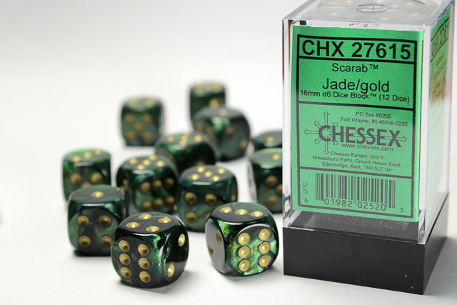 Scarab® 16mm d6 Jade/gold Dice Block™ (12 dice) Dice CHESSEX