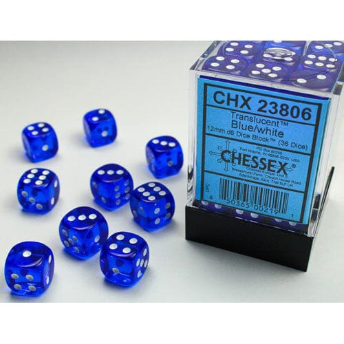 Translucent 12mm d6 Blue/white Dice Block Dice Sets & Games CHESSEX