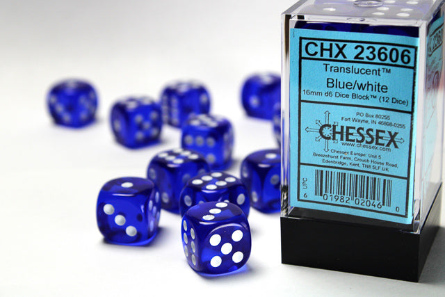 Translucent 16mm d6 Blue/white Dice Block™ (12 dice) Dice Sets & Games CHESSEX 