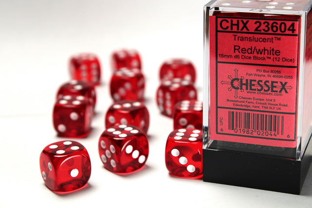 Translucent 16mm d6 Red/white Dice Block™ (12 dice) Dice Sets & Games CHESSEX