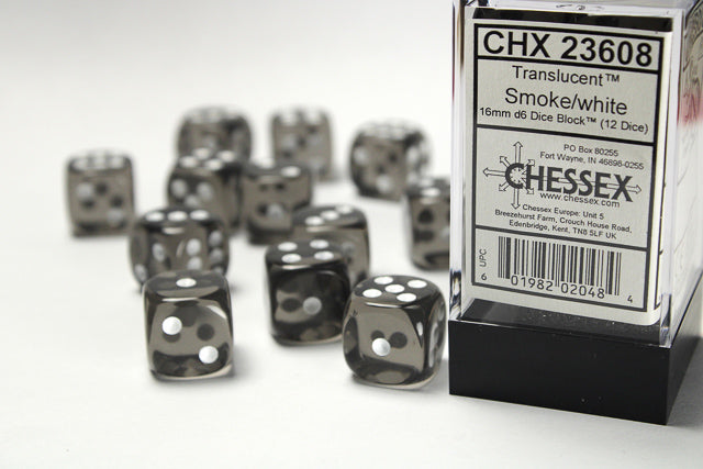 Translucent 16mm d6 Smoke/white Dice Block™ (12 dice) Dice Sets & Games CHESSEX