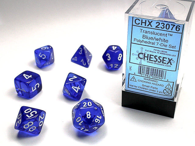 Translucent Polyhedral Blue/white 7-Die Set Dice Sets & Games CHESSEX