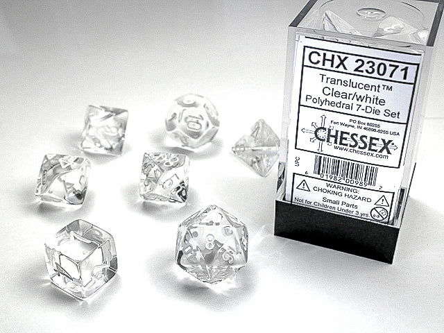 Translucent Polyhedral Clear/white 7-Die Set Dice Sets & Games CHESSEX