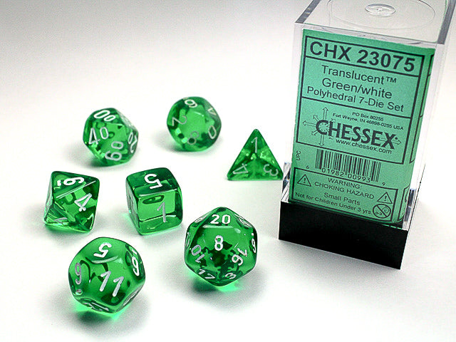 Translucent Polyhedral Green/white 7-Die Set Dice Sets & Games CHESSEX
