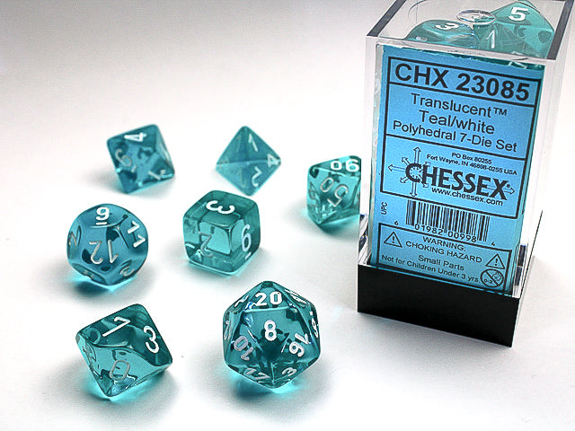 Translucent Polyhedral Teal/white 7-Die Set Dice Sets & Games CHESSEX